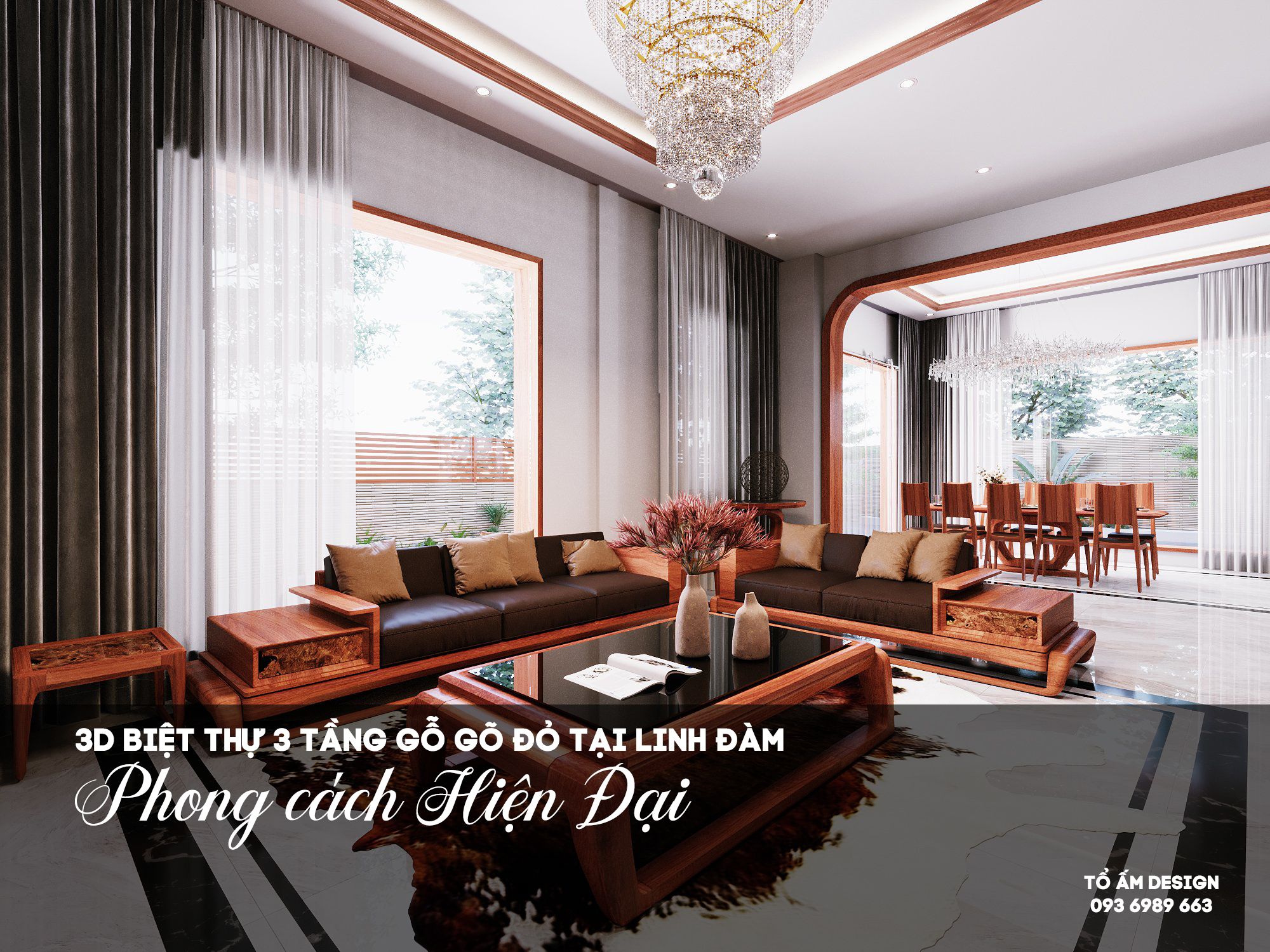 Thiết kế 3D biệt thự 3 tầng tại Linh Đàm | Nội thất gỗ Gõ Đỏ sang trọng & tinh tế