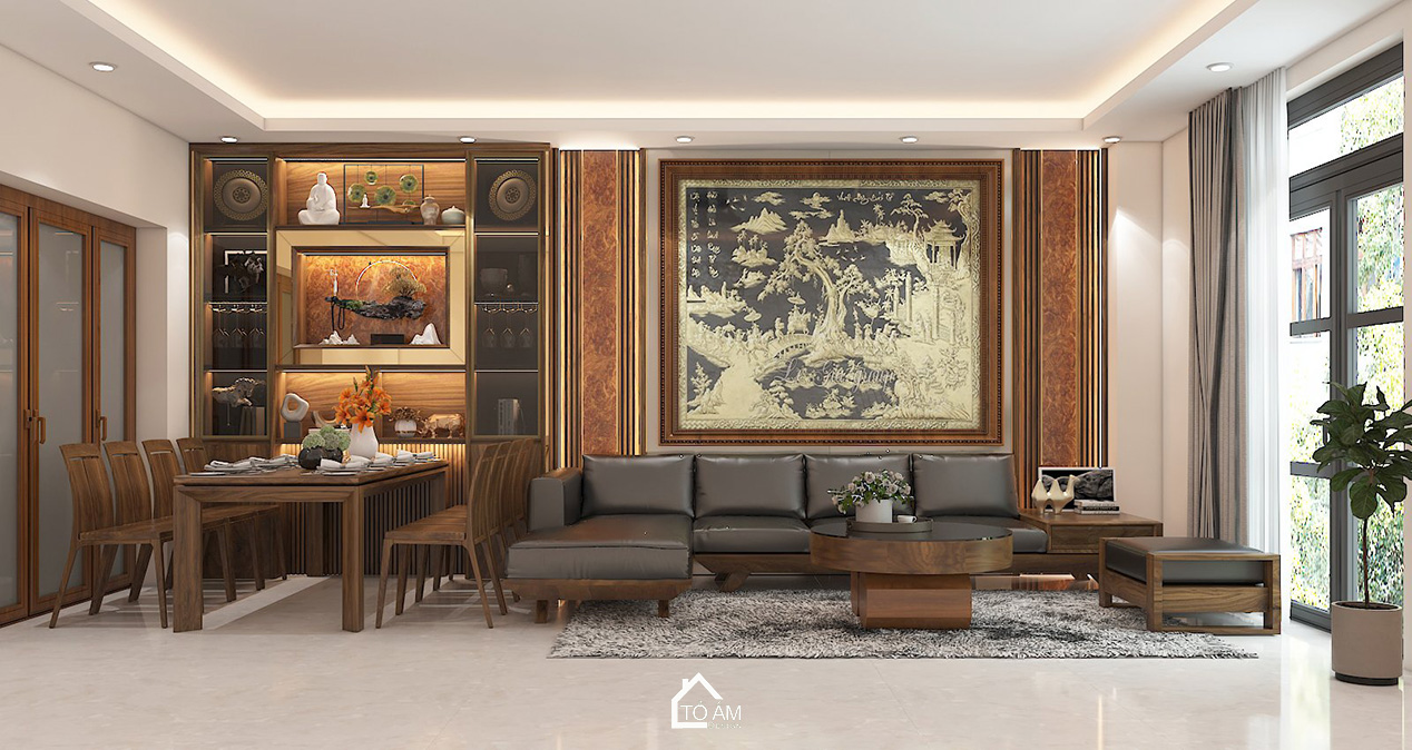 3D nội thất nhà phố 4 tầng Vinhome Imperia Hải Phòng – phòng khách gỗ Óc Chó