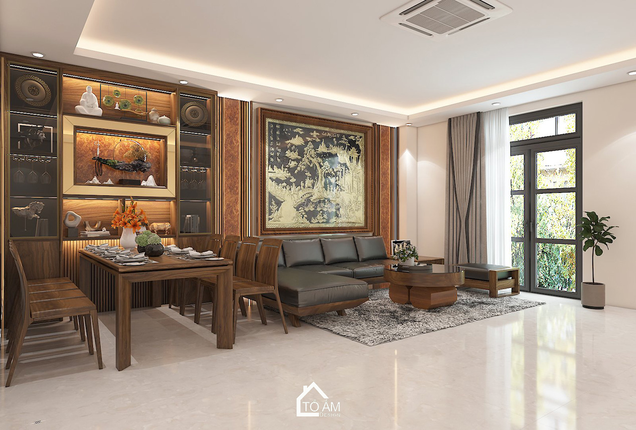 3D nội thất nhà phố 4 tầng Vinhome Imperia Hải Phòng – phòng khách gỗ Óc Chó
