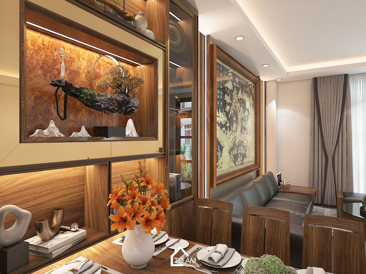 3D nội thất nhà phố 4 tầng Vinhome Imperia Hải Phòng – phòng khách gỗ Óc Chó