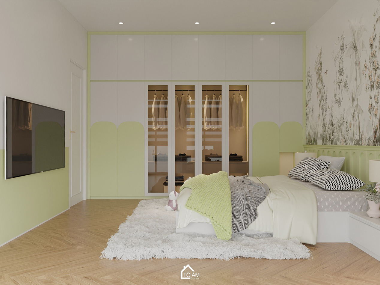 3D nội thất nhà phố Vinhome Imperia – phòng ngủ con gái phong cách nhẹ nhàng, nữ tính