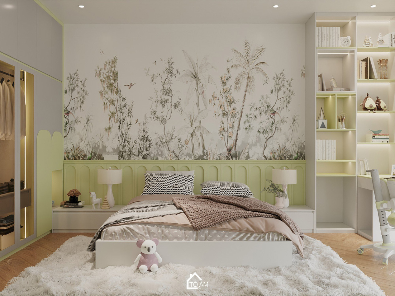 3D nội thất nhà phố Vinhome Imperia – phòng ngủ con gái phong cách nhẹ nhàng, nữ tính