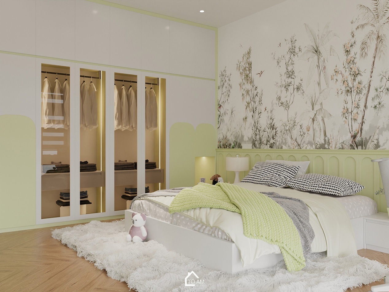 3D nội thất nhà phố Vinhome Imperia – phòng ngủ con gái phong cách nhẹ nhàng, nữ tính