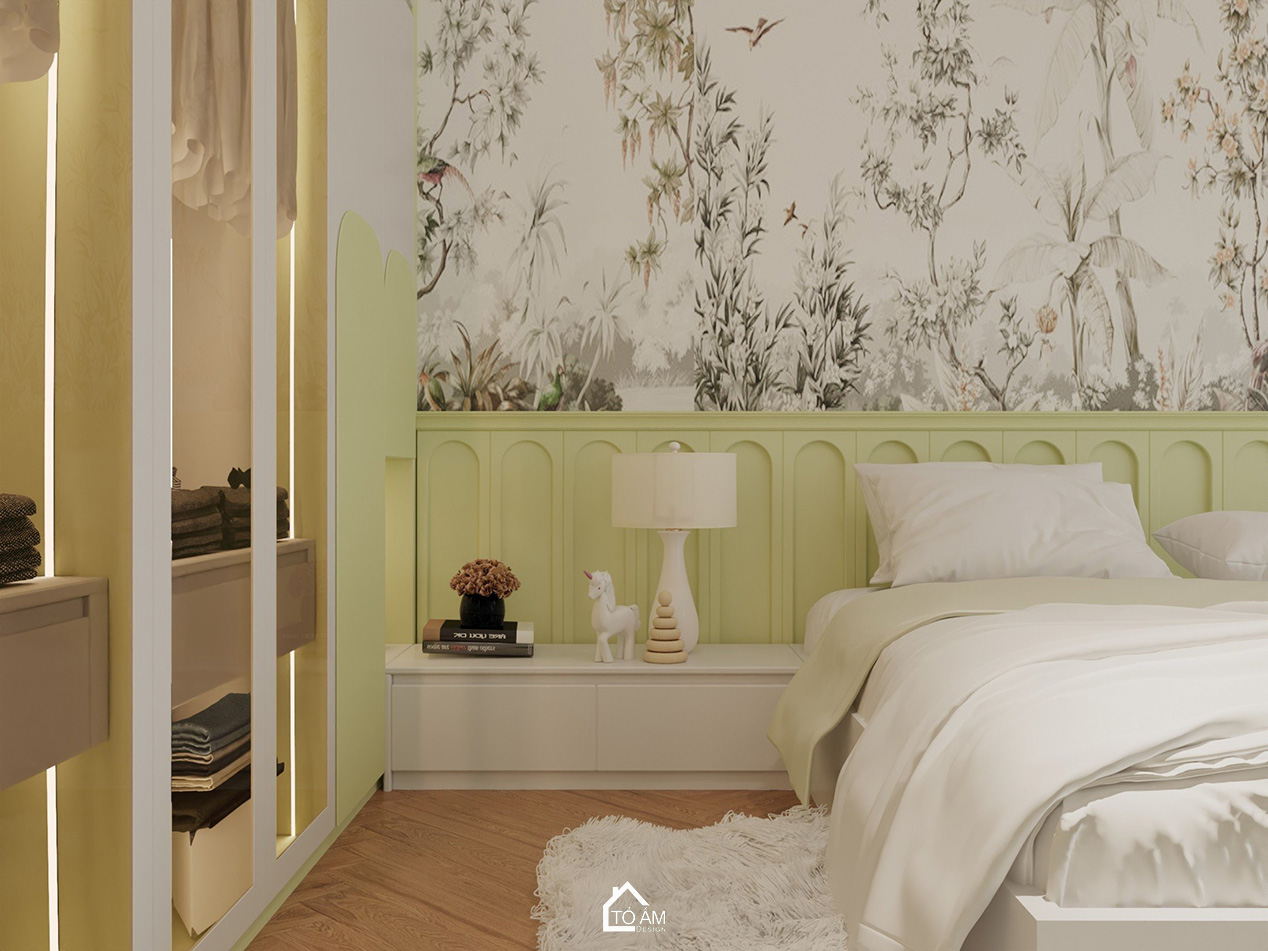3D nội thất nhà phố Vinhome Imperia – phòng ngủ con gái phong cách nhẹ nhàng, nữ tính