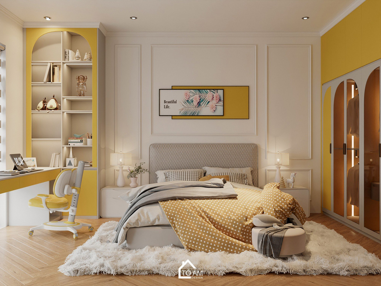 3D nội thất nhà phố Vinhome Imperia – phòng ngủ con gái phong cách năng động