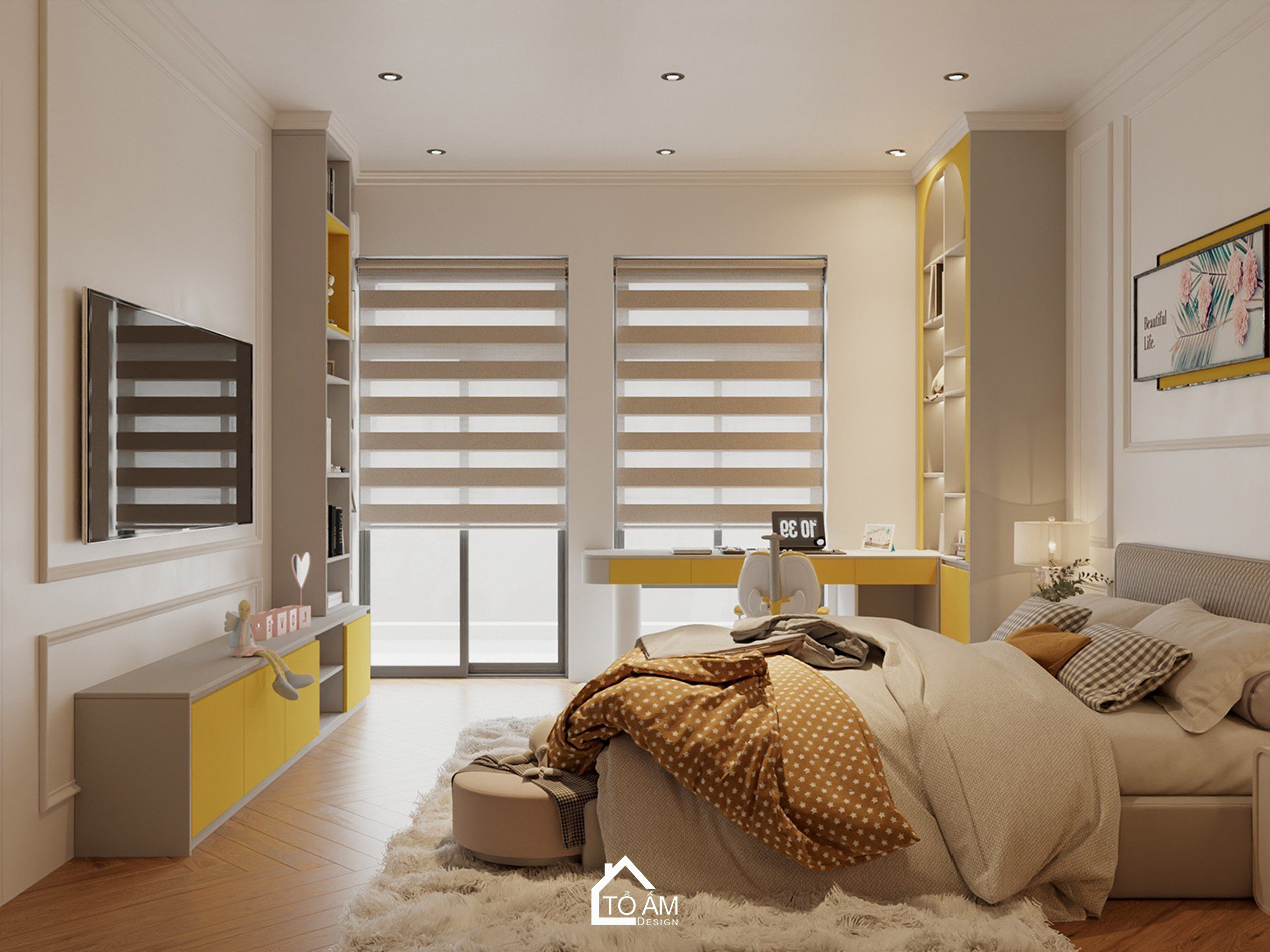 3D nội thất nhà phố Vinhome Imperia – phòng ngủ con gái phong cách năng động