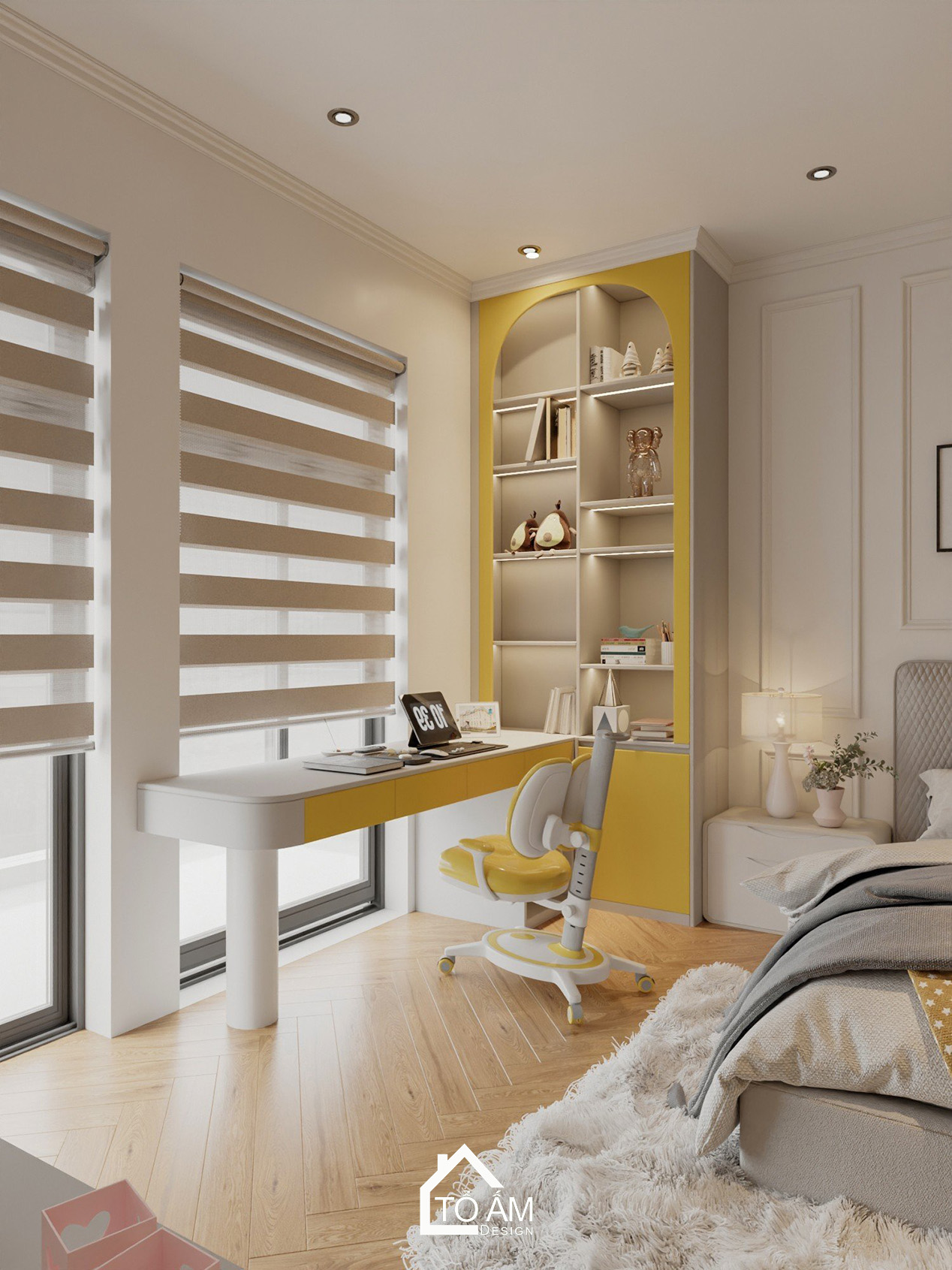 3D nội thất nhà phố Vinhome Imperia – phòng ngủ con gái phong cách năng động