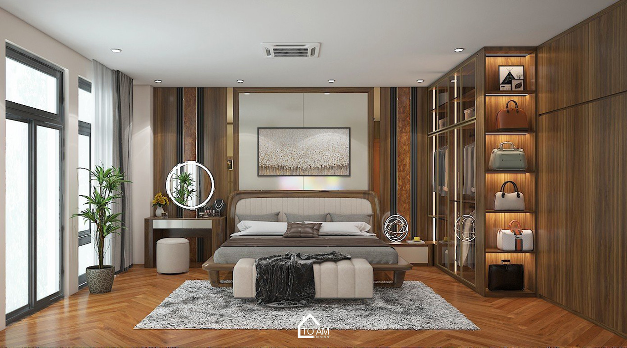 3D nội thất nhà phố Vinhome Imperia – phòng ngủ master gỗ Óc Chó