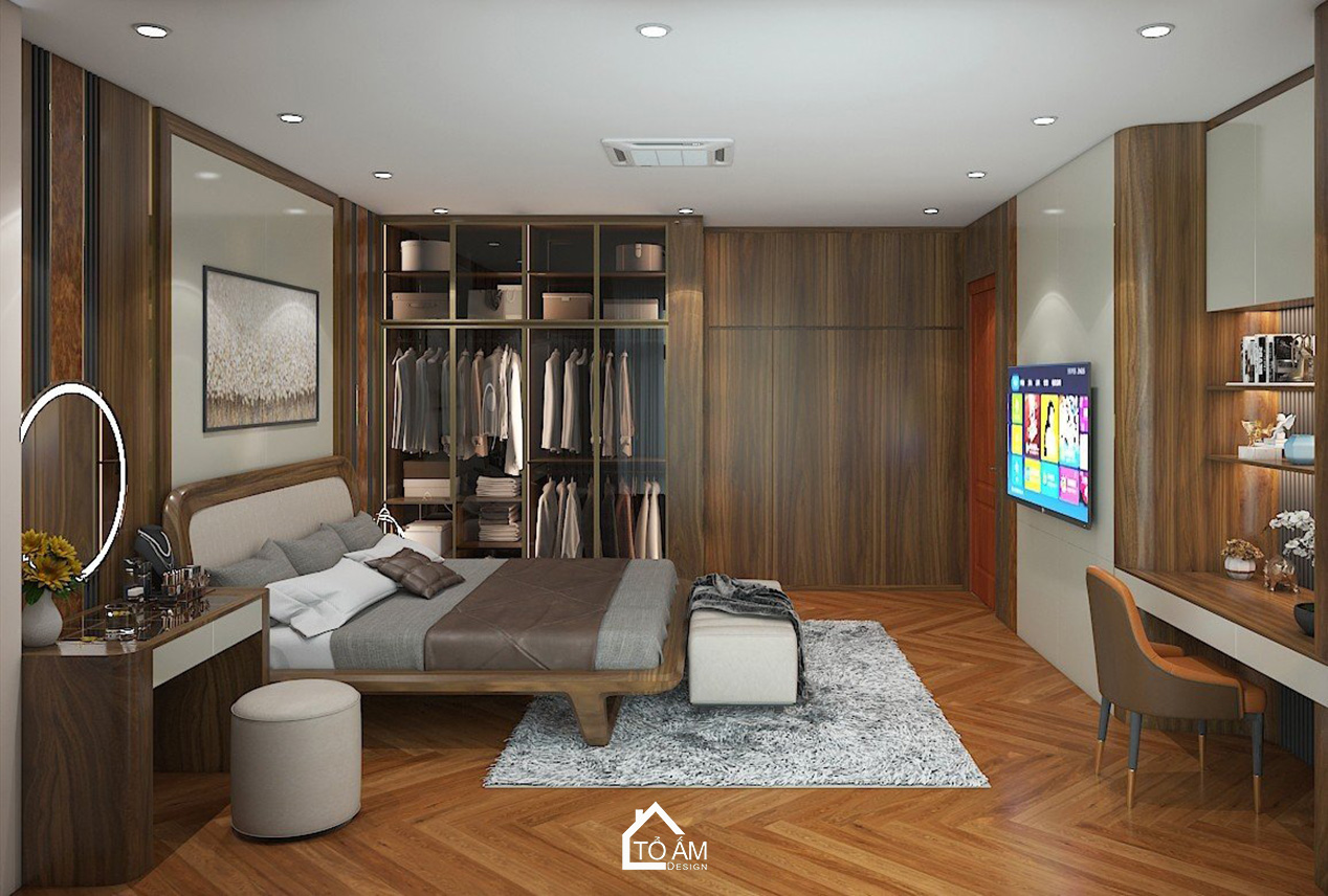 3D nội thất nhà phố Vinhome Imperia – phòng ngủ master gỗ Óc Chó