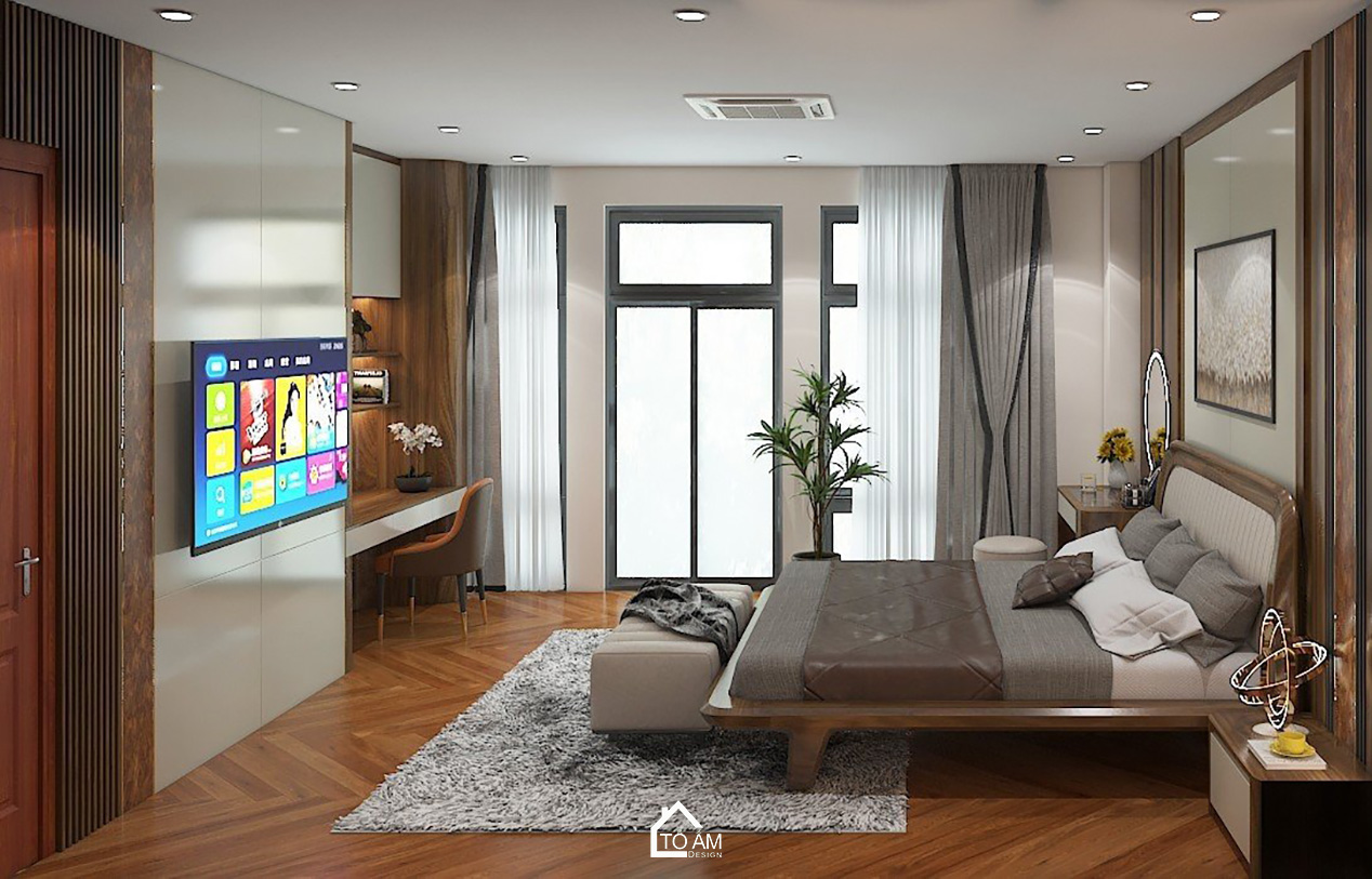 3D nội thất nhà phố Vinhome Imperia – phòng ngủ master gỗ Óc Chó