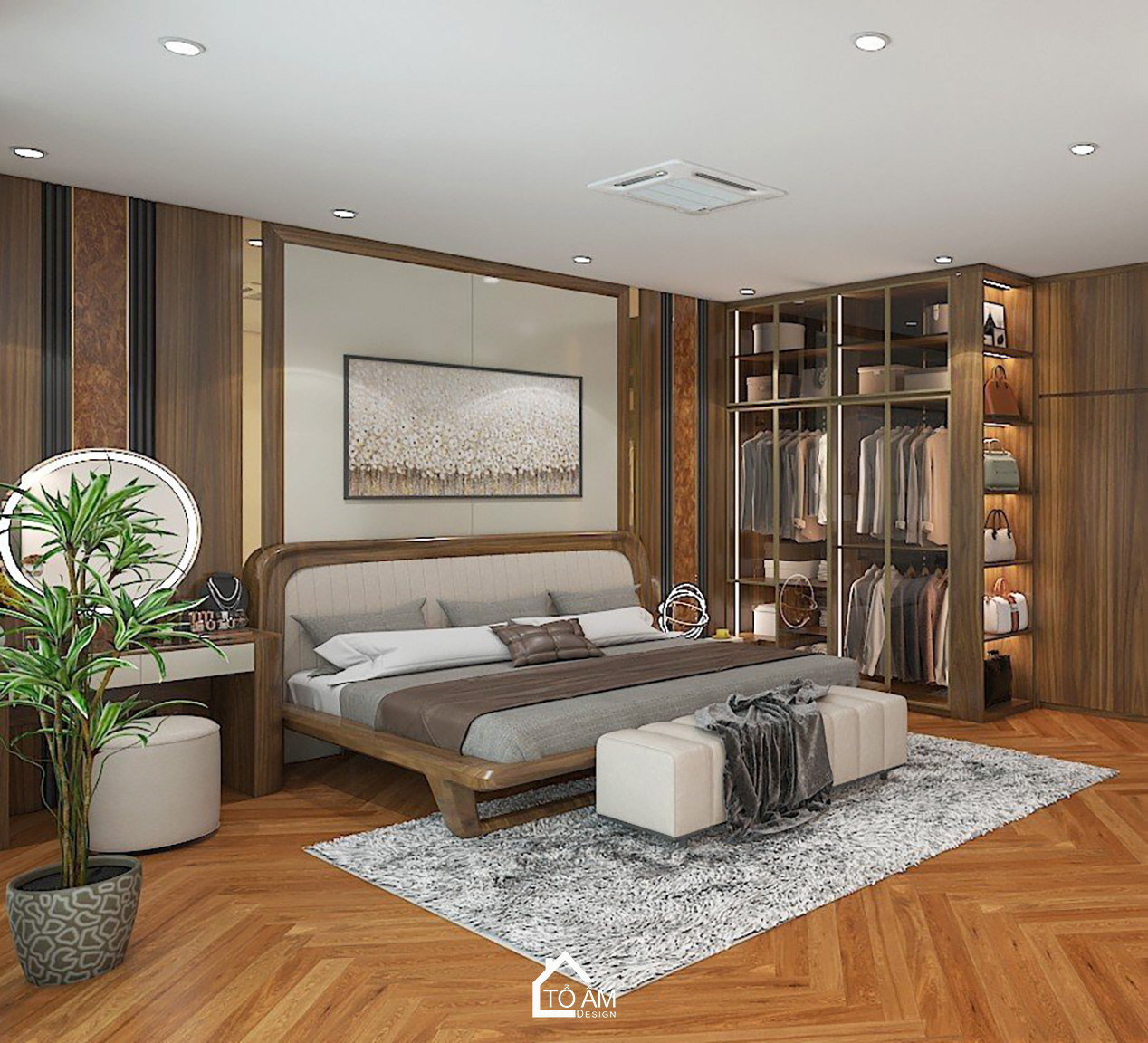 3D nội thất nhà phố Vinhome Imperia – phòng ngủ master gỗ Óc Chó