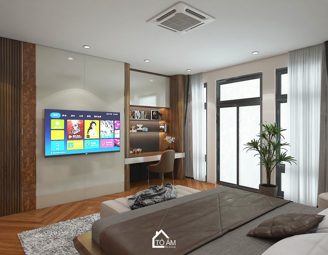 3D nội thất nhà phố Vinhome Imperia – phòng ngủ master gỗ Óc Chó