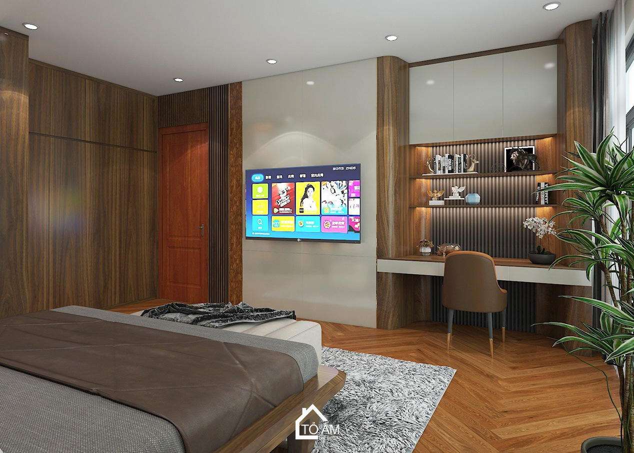 3D nội thất nhà phố Vinhome Imperia – phòng ngủ master gỗ Óc Chó