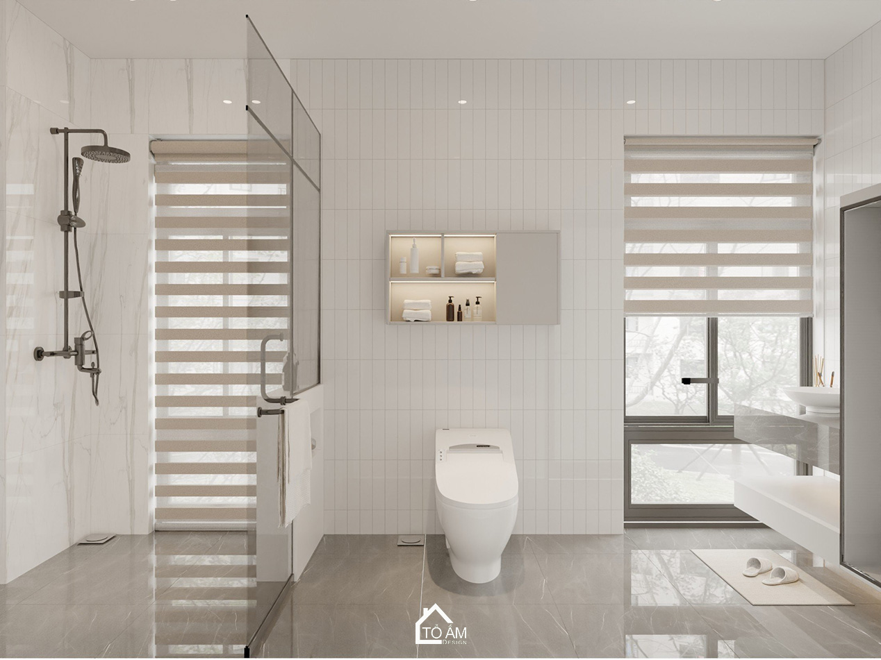 3D nội thất nhà phố Vinhome Imperia – phòng WC hiện đại màu trắng