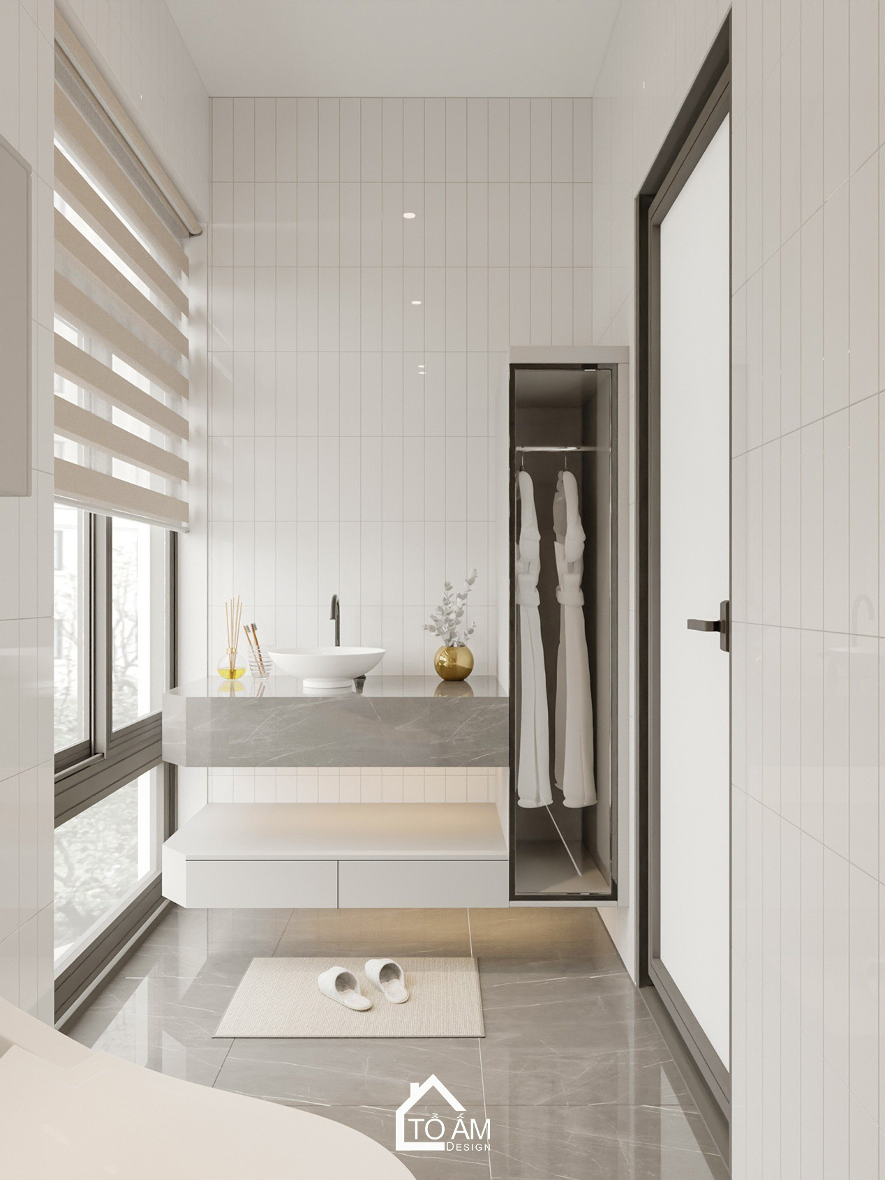 3D nội thất nhà phố Vinhome Imperia – phòng WC hiện đại màu trắng