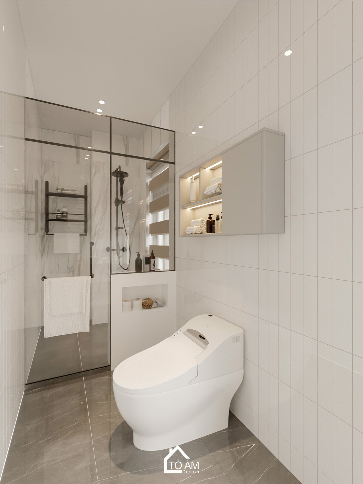 3D nội thất nhà phố Vinhome Imperia – phòng WC hiện đại màu trắng