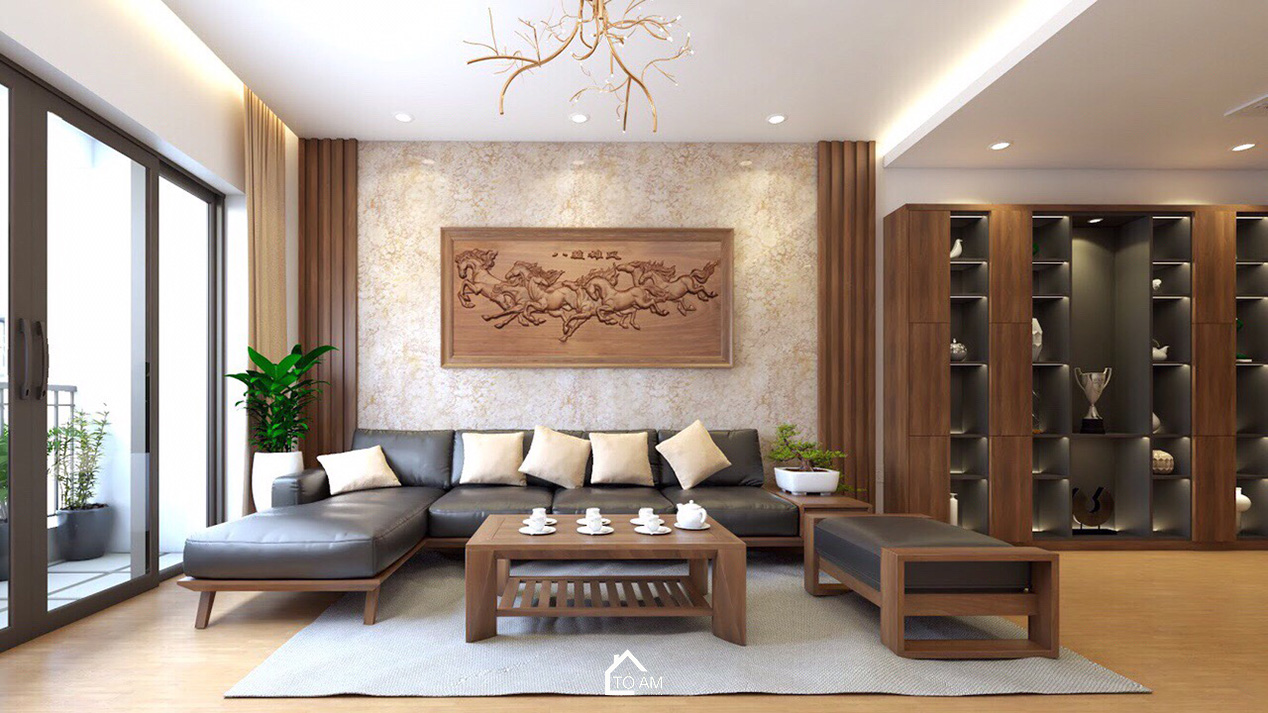 Phòng khách hiện đại ấm áp với gỗ Óc Chó tự nhiên – Thiết kế 3D chung cư 2 ngủ - Tổ Ấm Design