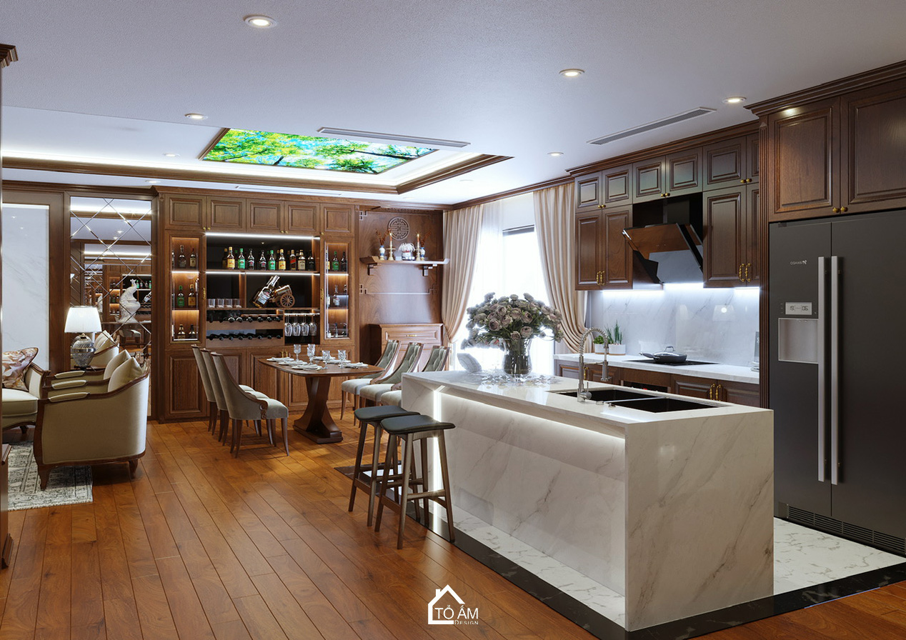 Không gian bếp tân cổ điển sang trọng, kết hợp đảo bếp đá Vicostone – Thiết kế 3D chung cư 1 ngủ Cầu Giấy - Tổ Ấm Design