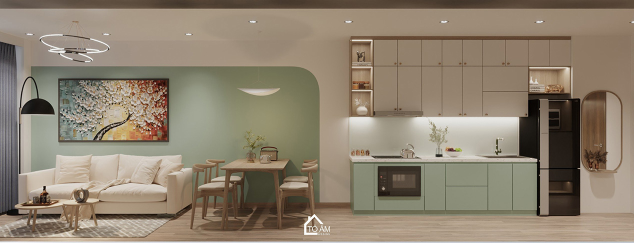 Thiết kế 3D phòng khách – bếp pastel chung cư 2 ngủ chữa lành - Tổ Ấm Design