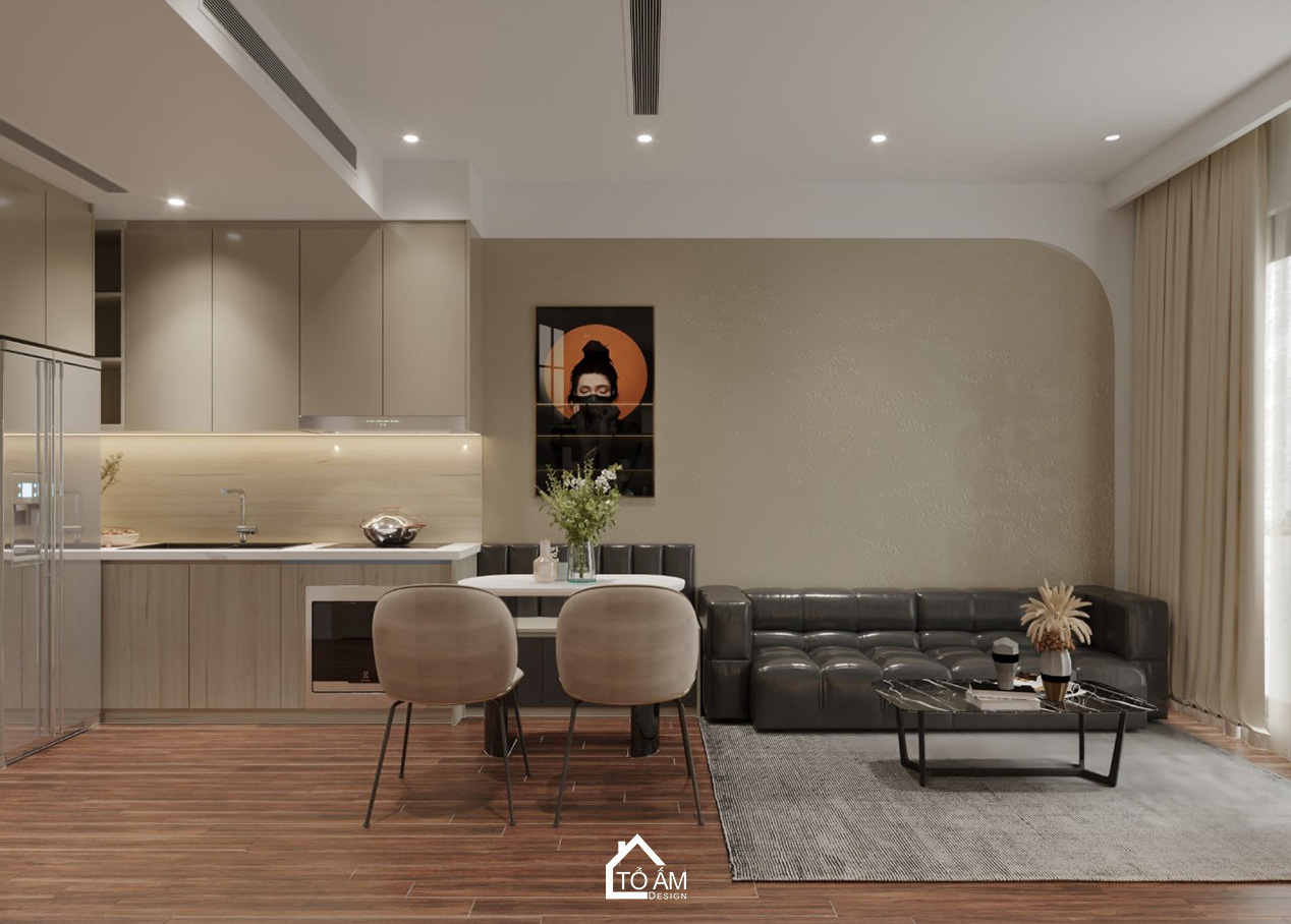 Phòng khách kết hợp bếp hiện đại tối giản, tinh tế dành cho người độc thân – Thiết kế 3D chung cư cho người độc thân - Tổ Ấm Design