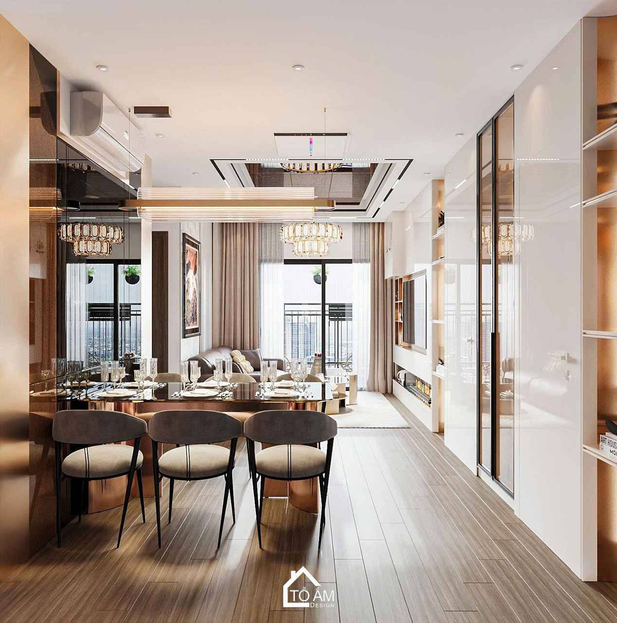 Thiết kế 3D phòng khách – bếp chung cư Ocean Park phong cách Modern Luxury - Thiết kế 3D chung cư 2 ngủ có phòng làm việc Ocean Park - Tổ Ấm Design