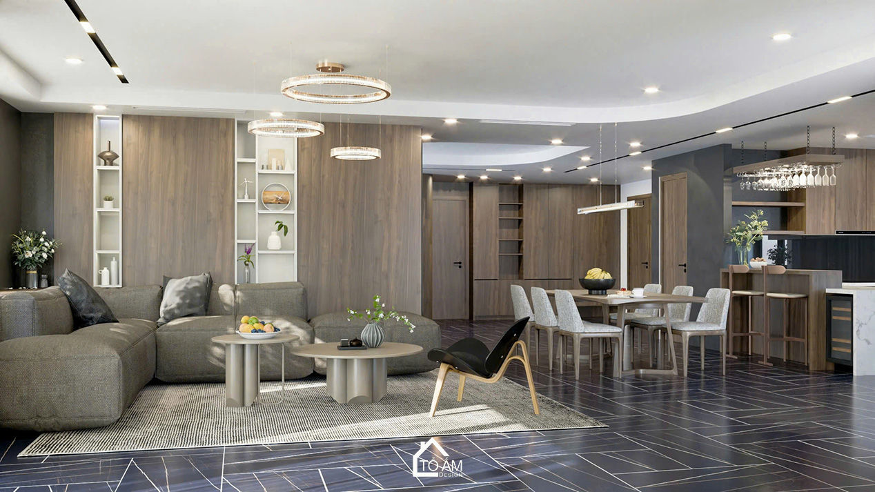 Phòng khách hiện đại với tông gỗ và nền đen sang trọng – Thiết kế 3D chung cư 2 ngủ Ciputra - Tổ Ấm Design