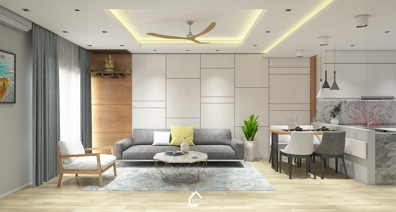 Phòng khách hiện đại, gam màu trắng – Thiết kế 3D chung cư 2 ngủ Hoàng Mai - Tổ Ấm Design