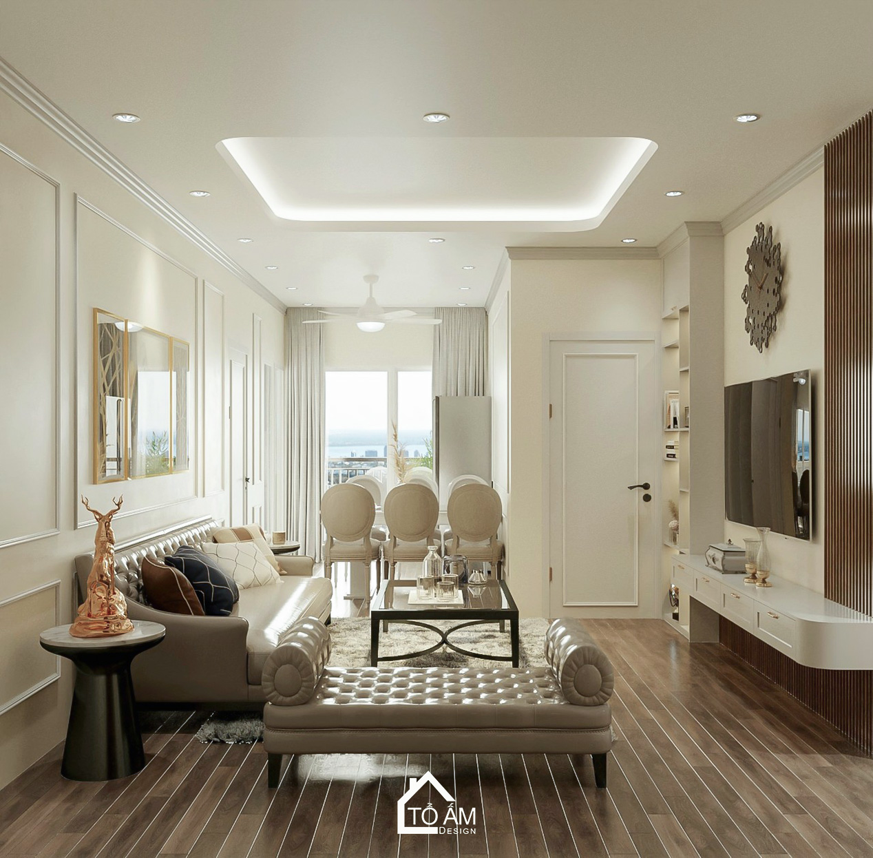 Thiết kế 3D phòng khách – bếp chung cư 3 ngủ Neo-classic tại Cienco 1 - Tổ Ấm Design