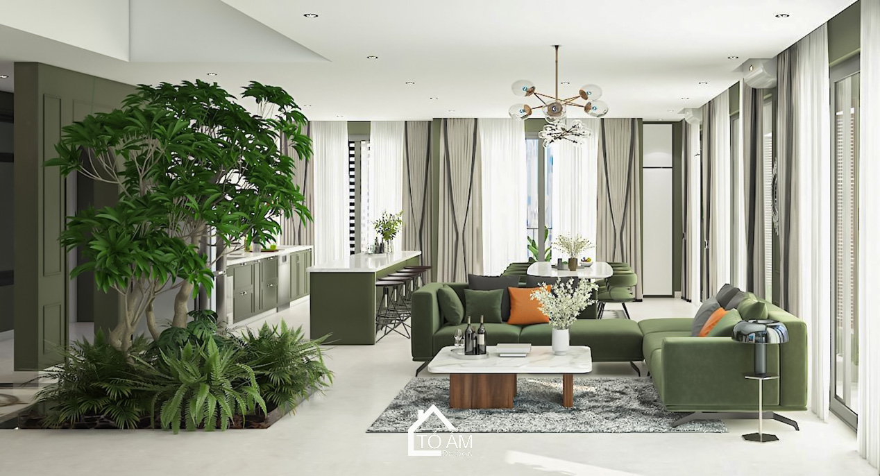 Ảnh 3D phòng khách – bếp phong cách Japandi với tone xanh lá chủ đạo tại Tiên Yên - Tổ Ấm Design