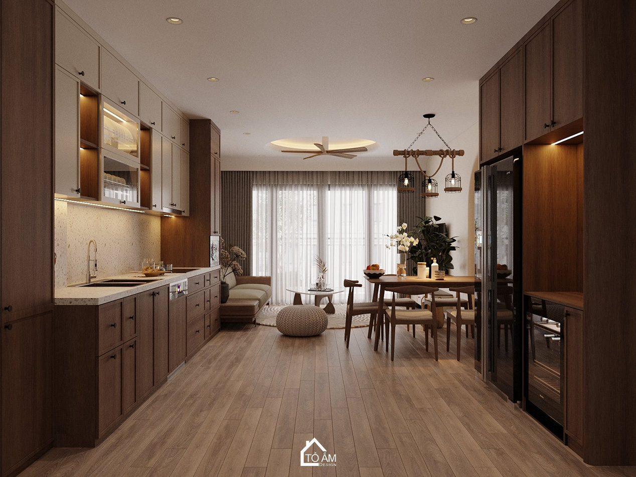 Thiết kế 3D phòng khách bếp nhà phố 6 tầng Hoàng Cầu – phong cách hiện đại Wabisabi, màu gỗ ấm áp - Tổ Ấm Design