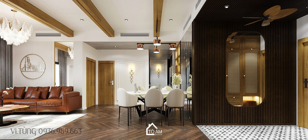 Phòng khách sang trọng, phong cách Modern Luxury pha Indochine – Thiết kế 3D chung cư 2 ngủ Times City - Tổ Ấm Design