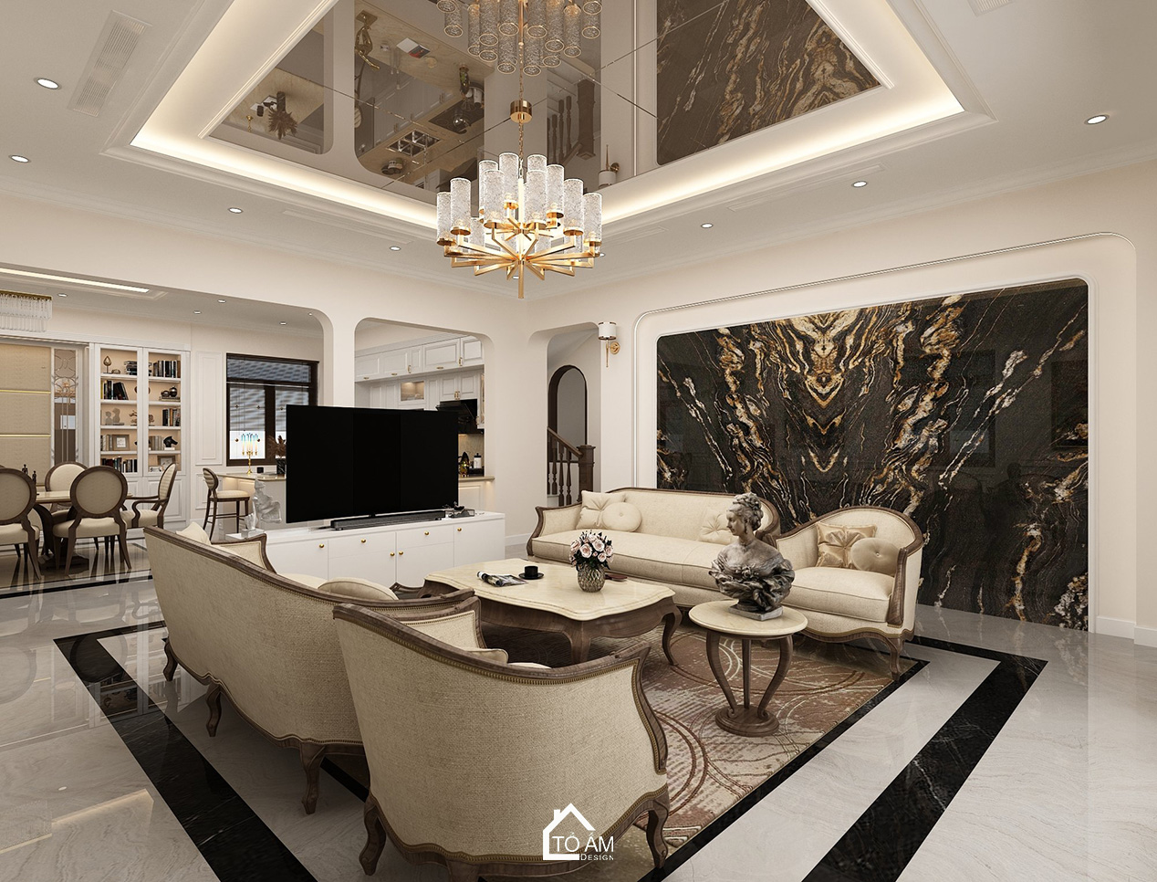 Phòng khách thiết kế 3D biệt thự 3 tầng tại KĐT Thiên Đường Bảo Sơn