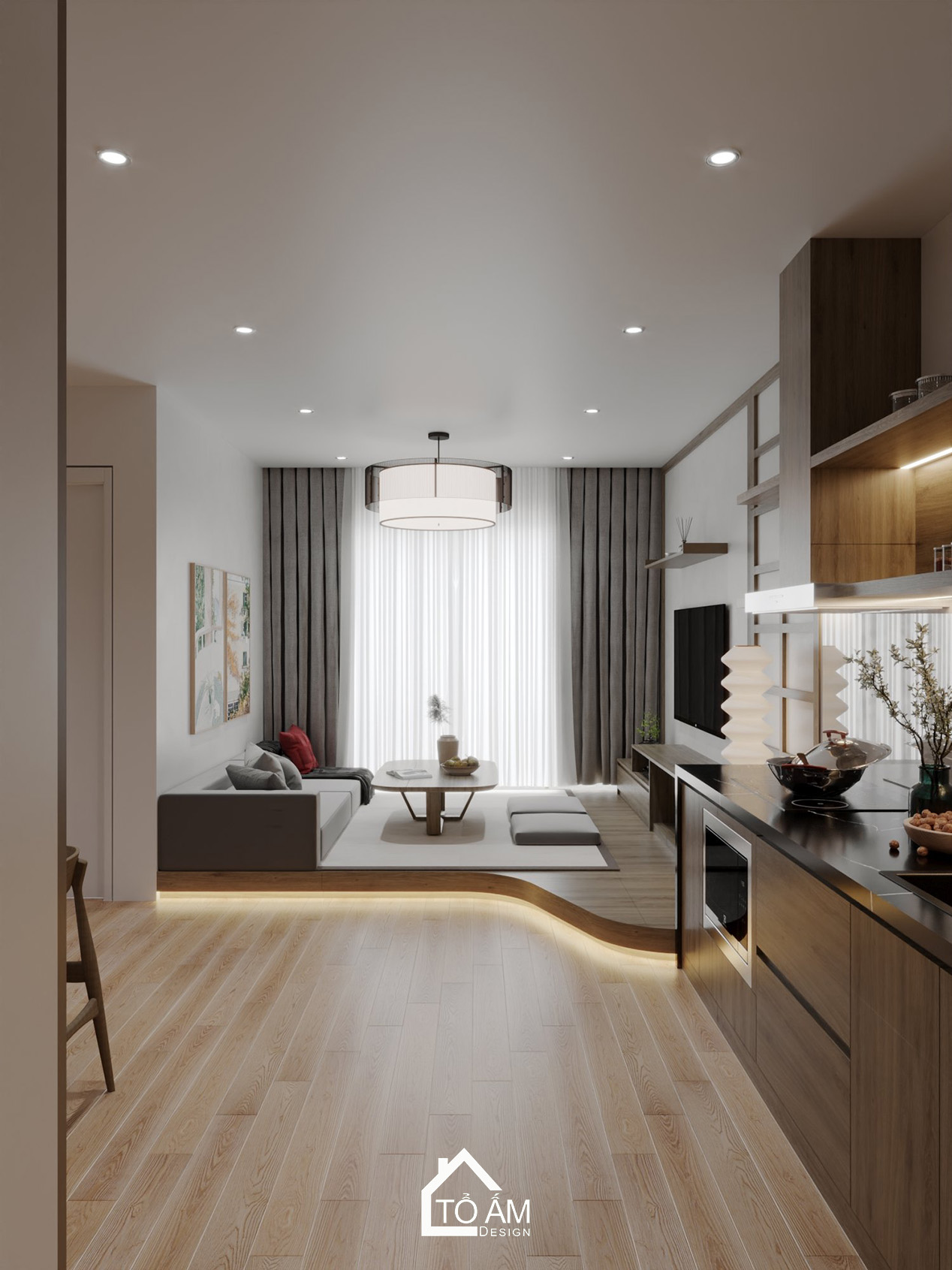 Thiết kế 3D phòng khách tối giản, tinh tế kiểu Nhật Eco Park - Thiết kế 3D chung cư 2 ngủ kiểu Nhật Eco Park – Tổ Ấm Design