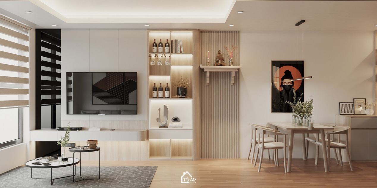 Không gian phòng khách – bàn ăn chung cư 3 ngủ ấm cúng - Thiết kế 3D phòng khách chung cư Ecolake View – Tổ Ấm Design