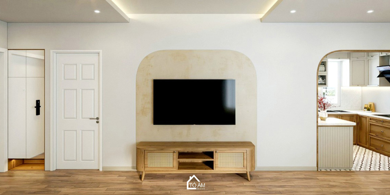 Phòng khách wabisabi tone be gỗ chung cư 173 Xuân Thủy – Thiết kế 3D chung cư 3 ngủ phong cách Wabisabi – Tổ Ấm Design