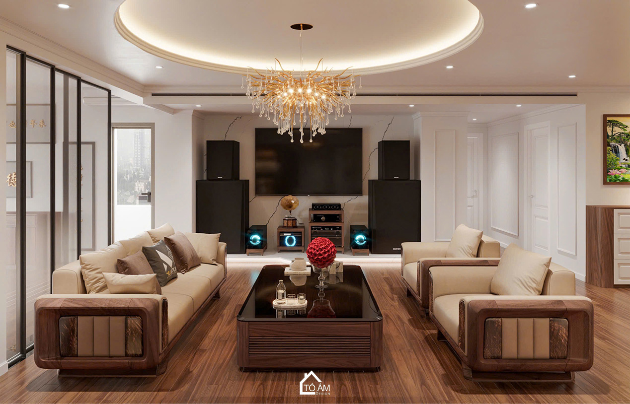 Phòng khách sang trọng, ấm cùng và đầy đủ tiện nghi - Thiết kế 3D chung cư 4 ngủ Mulberry Land - Tổ Ấm Design