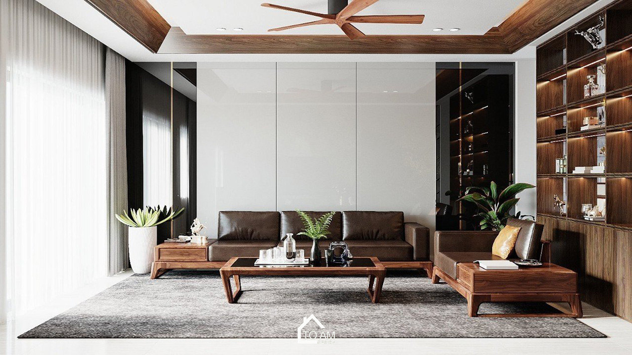 Thiết kế 3D nhà phố liền kề 3 tầng Bắc Ninh – Phòng khách hiện đại với gỗ Óc Chó sang trọng do Tổ Ấm Design thực hiện.