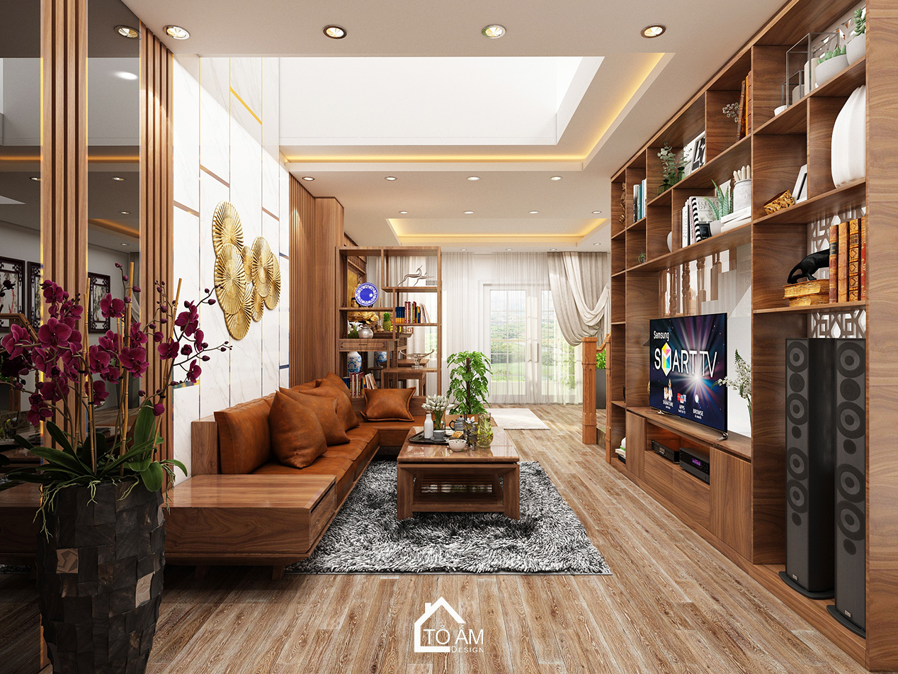 Ảnh 3D thiết kế nhà phố hiện đại tại Thường Tín – Tổ Ấm Design – không gian phòng khách sang trọng, tinh tế với chất liệu gỗ Óc Chó