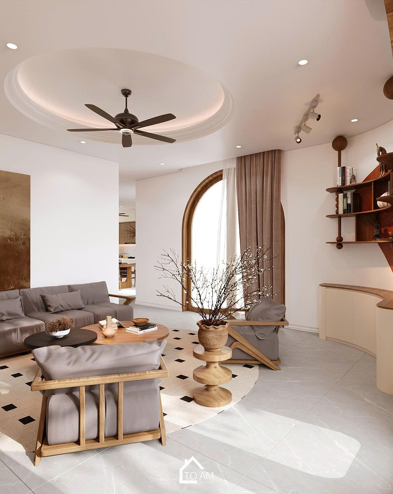 Phòng khách ấm áp phong cách Wabisabi Japandi – Thiết kế 3D nhà phố Japandi Đông Anh - Tổ Ấm Design