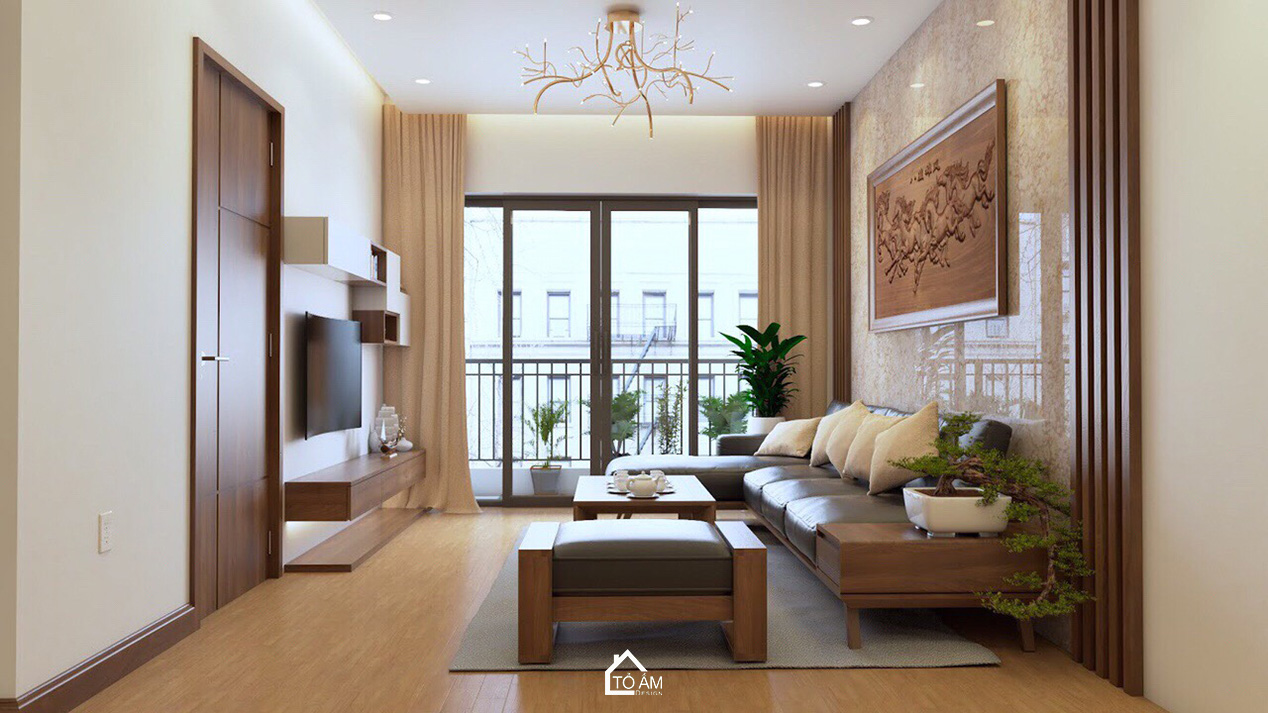 Phòng khách hiện đại ấm áp với gỗ Óc Chó tự nhiên – Thiết kế 3D chung cư 2 ngủ - Tổ Ấm Design