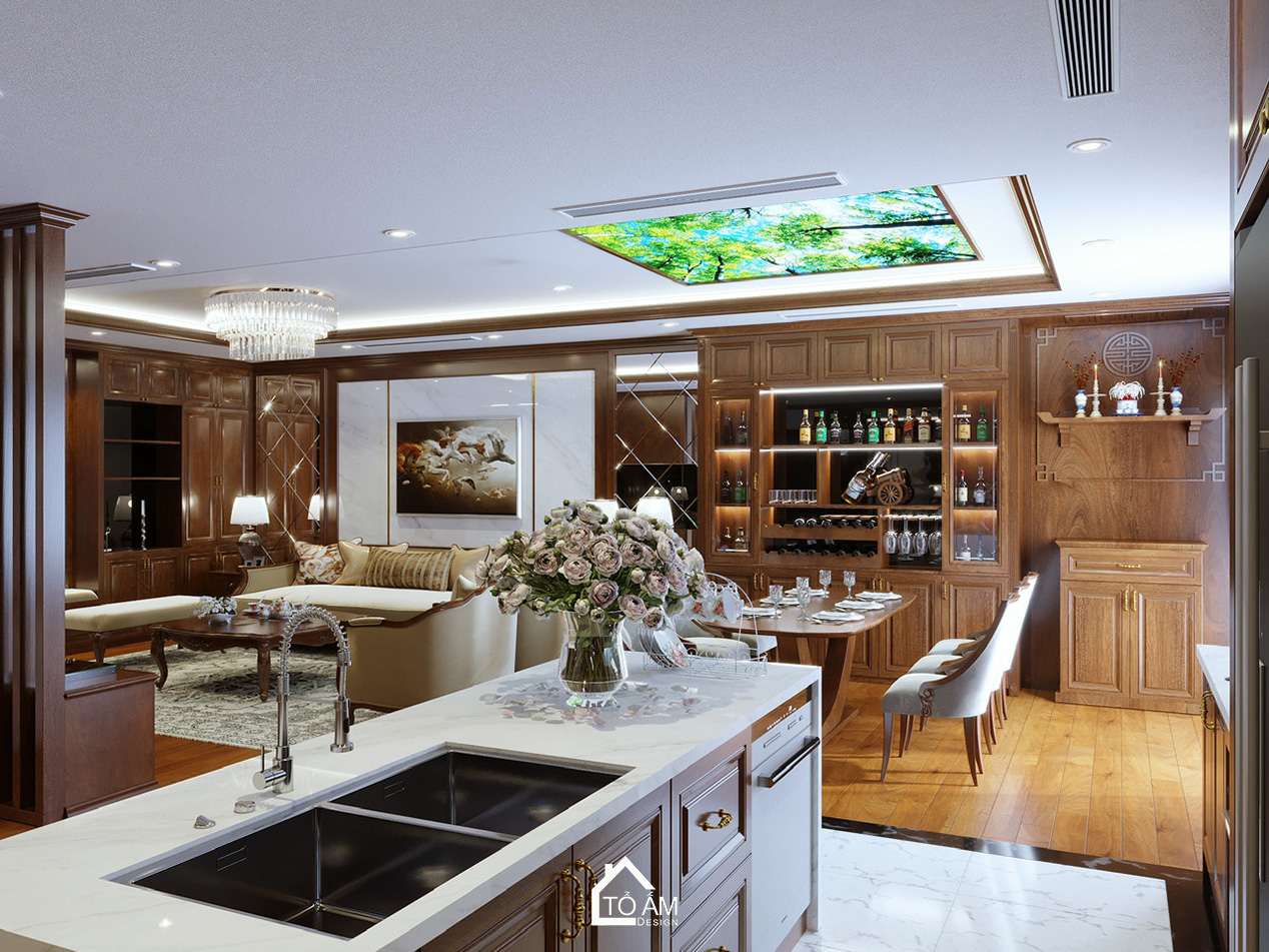 Không gian bếp tân cổ điển sang trọng, kết hợp đảo bếp đá Vicostone – Thiết kế 3D chung cư 1 ngủ Cầu Giấy - Tổ Ấm Design