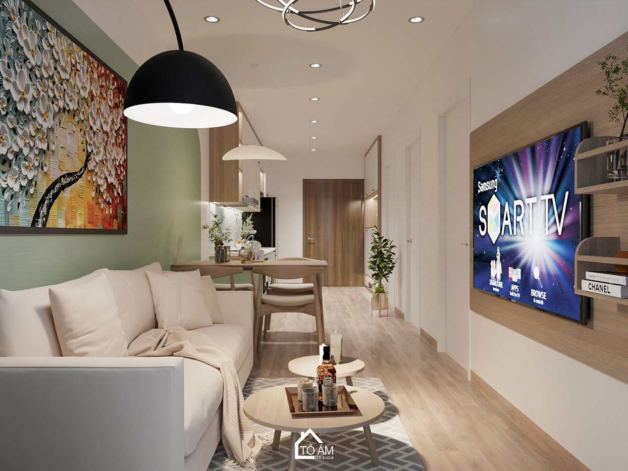 Thiết kế 3D phòng khách – bếp pastel chung cư 2 ngủ chữa lành - Tổ Ấm Design