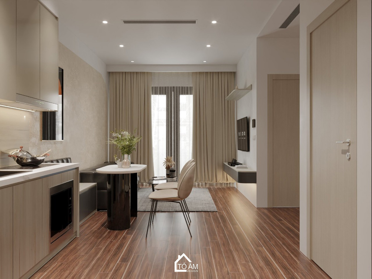 Phòng khách kết hợp bếp hiện đại tối giản, tinh tế dành cho người độc thân – Thiết kế 3D chung cư cho người độc thân - Tổ Ấm Design
