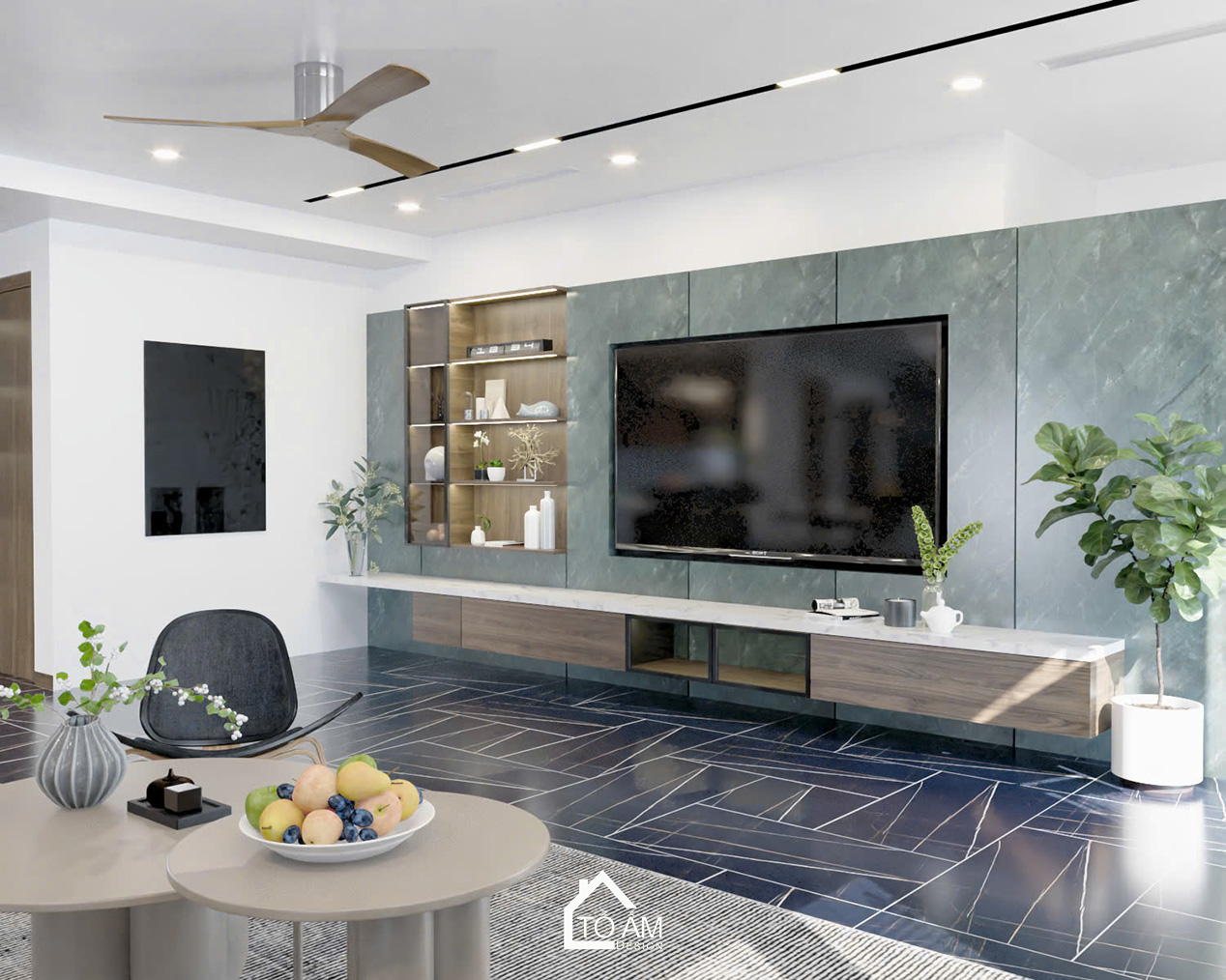 Phòng khách hiện đại với tông gỗ và nền đen sang trọng – Thiết kế 3D chung cư 2 ngủ Ciputra - Tổ Ấm Design