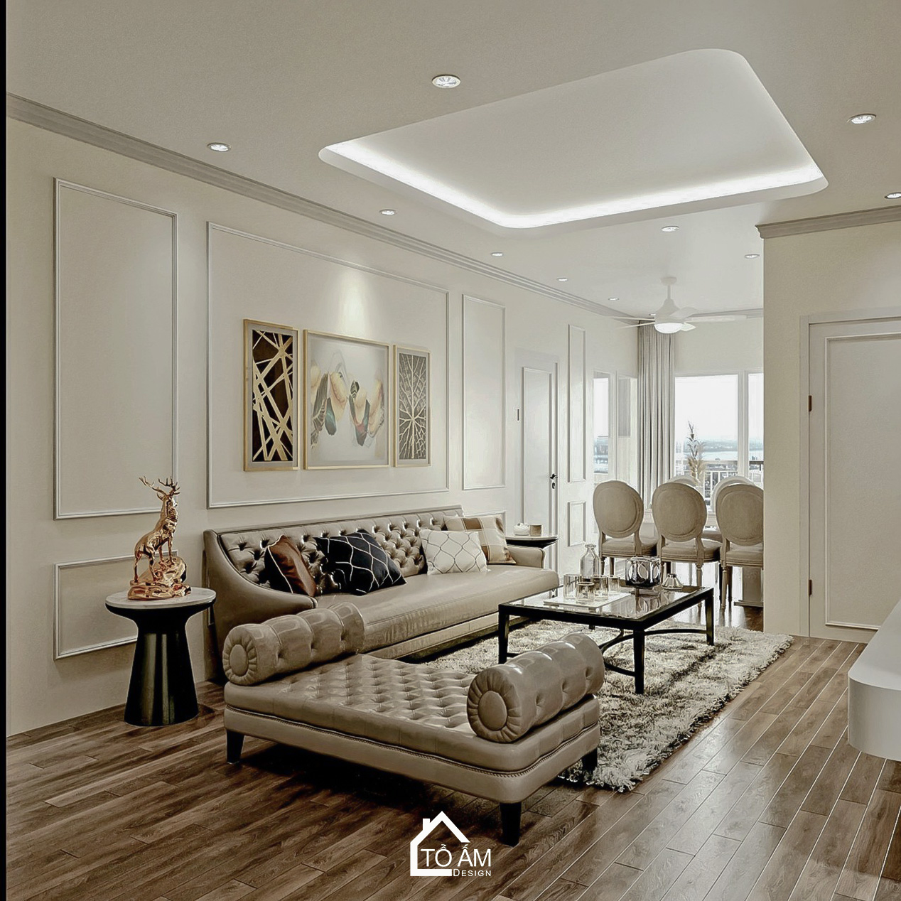 Thiết kế 3D phòng khách – bếp chung cư 3 ngủ Neo-classic tại Cienco 1 - Tổ Ấm Design