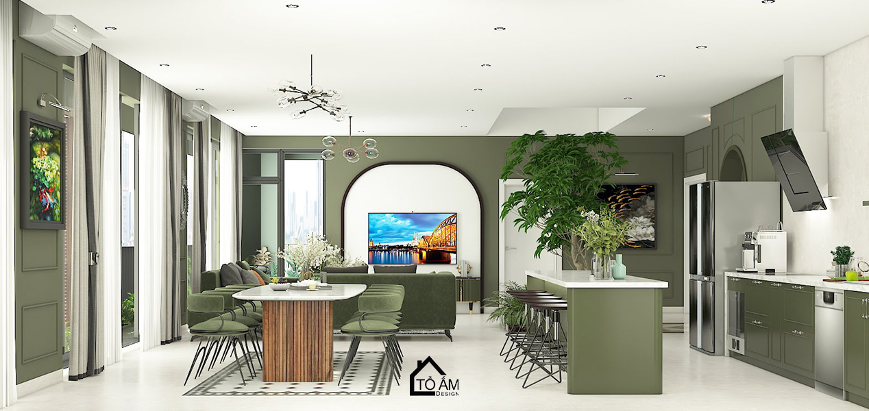 Ảnh 3D phòng khách – bếp phong cách Japandi với tone xanh lá chủ đạo tại Tiên Yên - Tổ Ấm Design