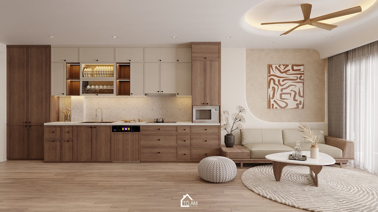 Thiết kế 3D phòng khách bếp nhà phố 6 tầng Hoàng Cầu – phong cách hiện đại Wabisabi, màu gỗ ấm áp - Tổ Ấm Design