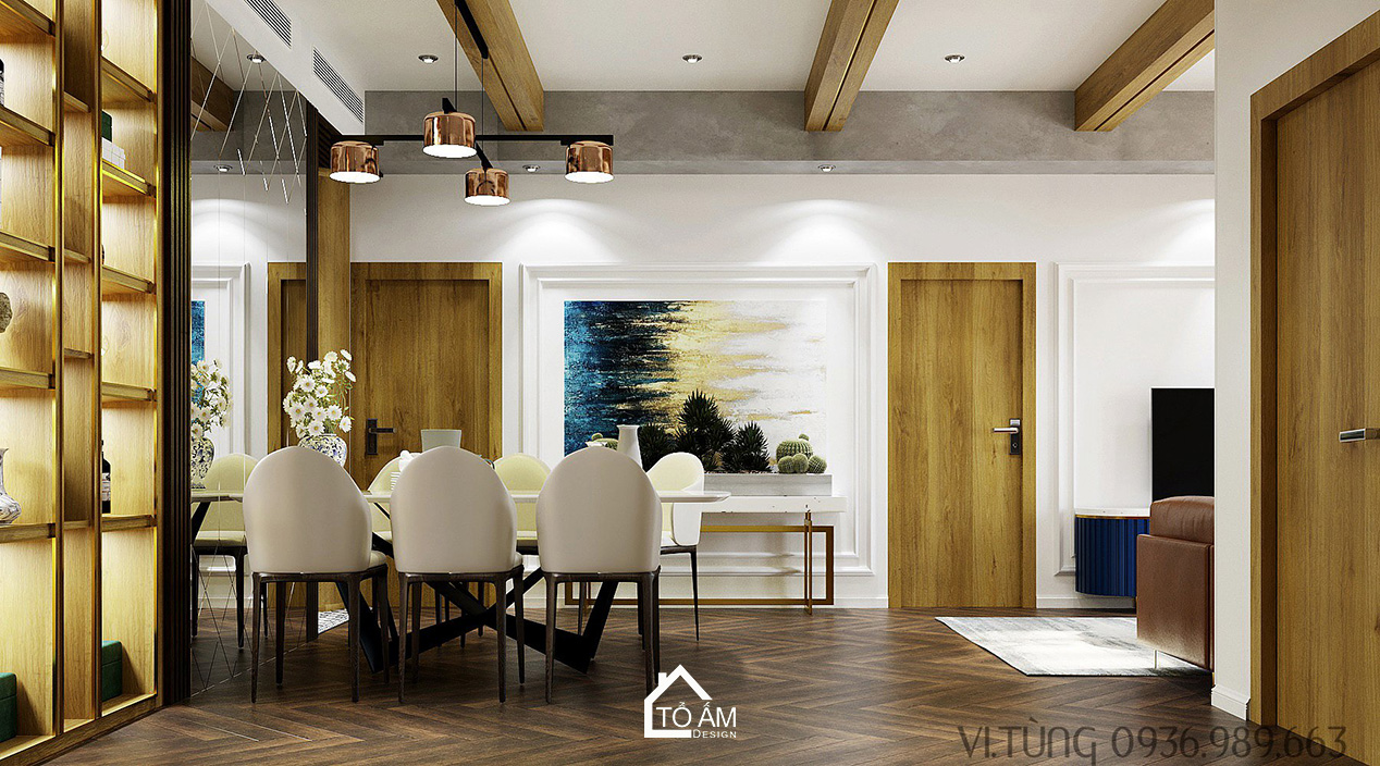 Phòng khách sang trọng, phong cách Modern Luxury pha Indochine – Thiết kế 3D chung cư 2 ngủ Times City - Tổ Ấm Design