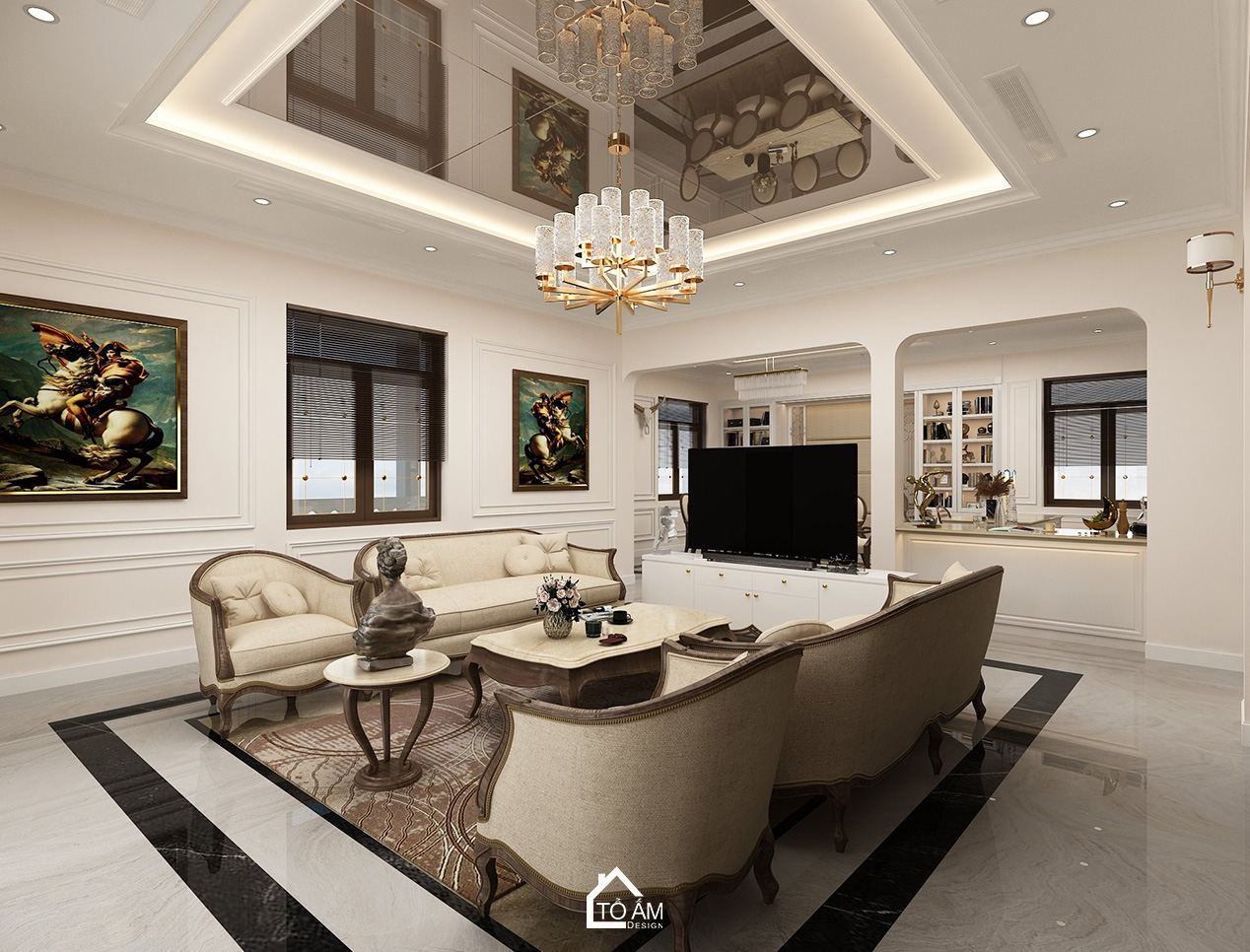 Phòng khách thiết kế 3D biệt thự 3 tầng tại KĐT Thiên Đường Bảo Sơn