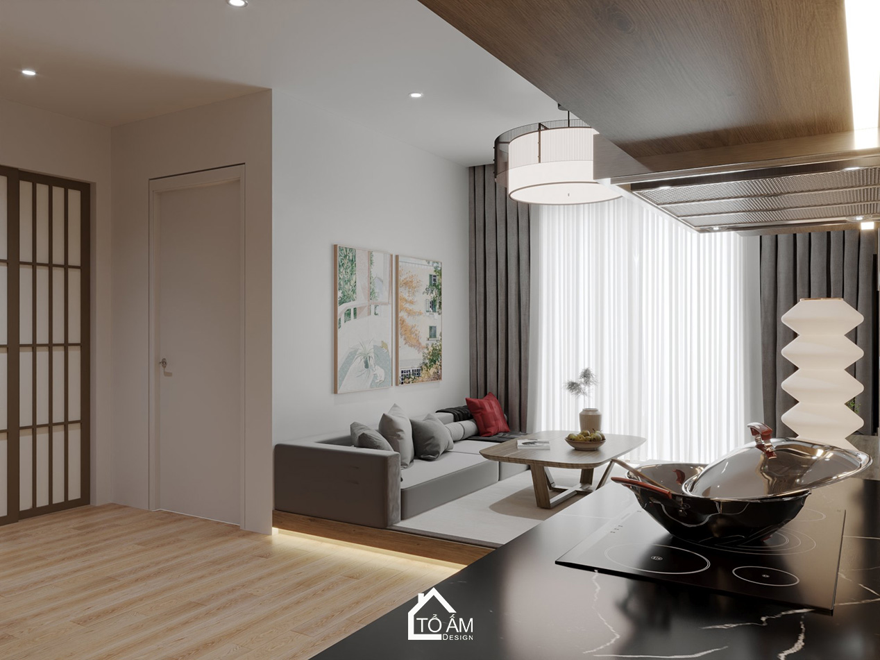 Thiết kế 3D phòng khách tối giản, tinh tế kiểu Nhật Eco Park - Thiết kế 3D chung cư 2 ngủ kiểu Nhật Eco Park – Tổ Ấm Design